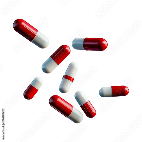 Falling red and white pills, isolated on a transparent background.