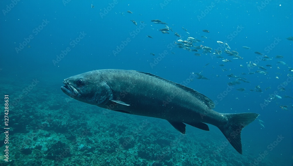 Fototapeta premium Sleek sea bass swimming with smaller fish in clear ocean waters