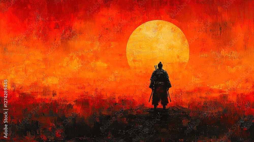 Fototapeta premium Samurai Silhouette Against a Fiery Sunset