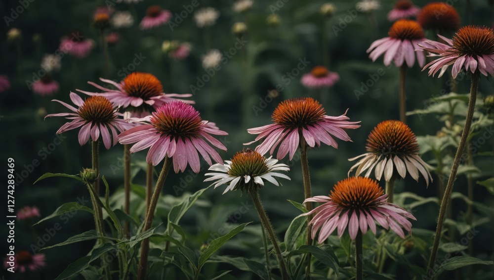 Close up of purple echinacea flowers blooming in a garden. Close up of purple echinacea flowers blooming in a garden.