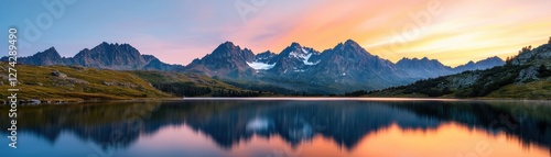 Wallpaper Mural A serene landscape showcasing majestic mountains reflected in a tranquil lake at sunset, with vibrant colors illuminating the sky. Torontodigital.ca