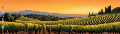 Wallpaper Mural A picturesque vineyard landscape at sunset, showcasing rows of grapevines against a backdrop of rolling hills and a vibrant orange sky. Torontodigital.ca