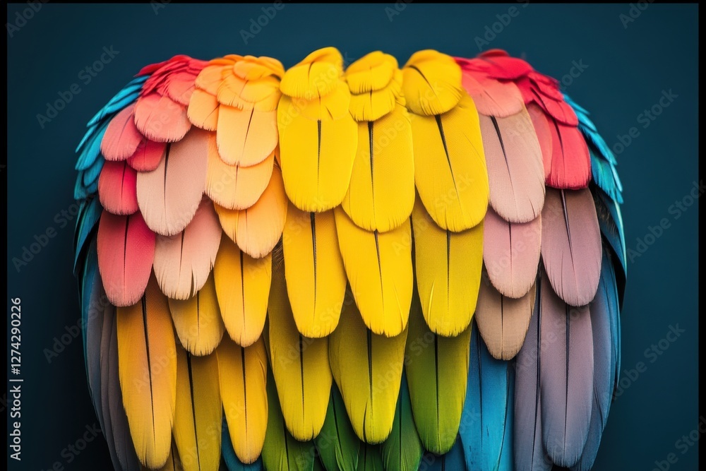 Obraz premium A vibrant, colorful arrangement of layered shapes resembling feathers, showcasing a gradient of hues from yellow to red against a dark background.