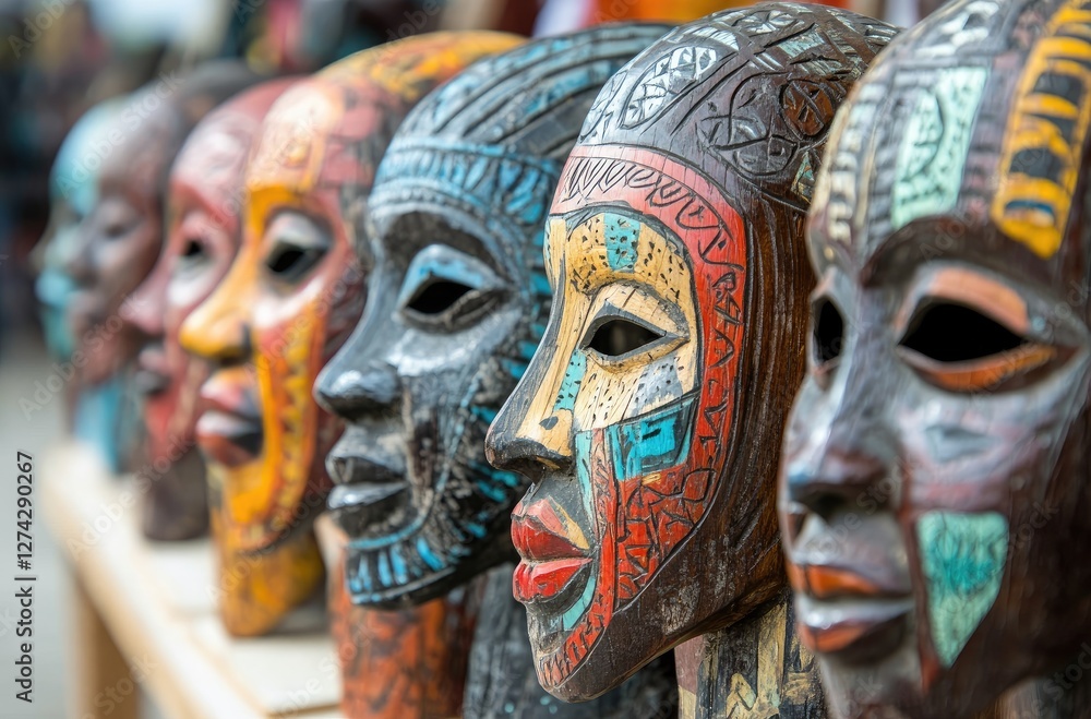 Fototapeta premium A row of African masks, each with unique designs and colors, displayed in an art gallery or market stall.