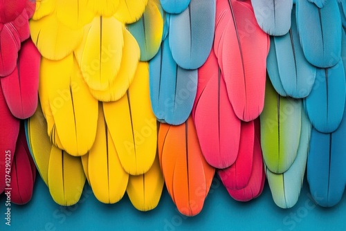 Wallpaper Mural A vibrant display of colorful feathers arranged in a layered pattern, showcasing bright hues of red, yellow, blue, and green against a contrasting background. Torontodigital.ca