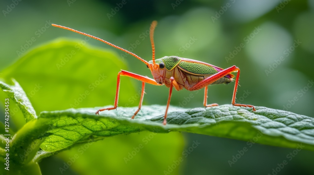 Fototapeta premium Al generated illustration of a macro of an insect perched on a leaf 