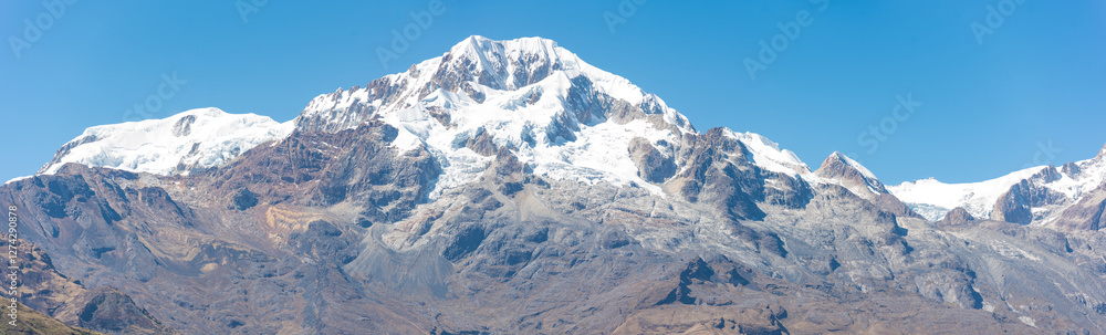 panoramic and detailed view of mountain Ancohuma the third highest mountain in Bolivia in the andes mountain range a perfect place to mountaineering and hike panoramic and detailed view of mountain Ancohuma the third highest mountain in Bolivia in the andes mountain range a perfect place to mountaineering and hike