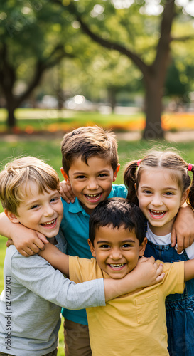 A group of four cheerful children, two boys and two girls, smiling and hugging each other in a park setting. They are dressed in colorful casual clothing, surrounded by greenery and trees.