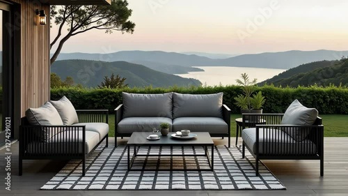 Wallpaper Mural A large outdoor living room with a couch, chairs, and a coffee table. The couch is gray and the chairs are black Torontodigital.ca