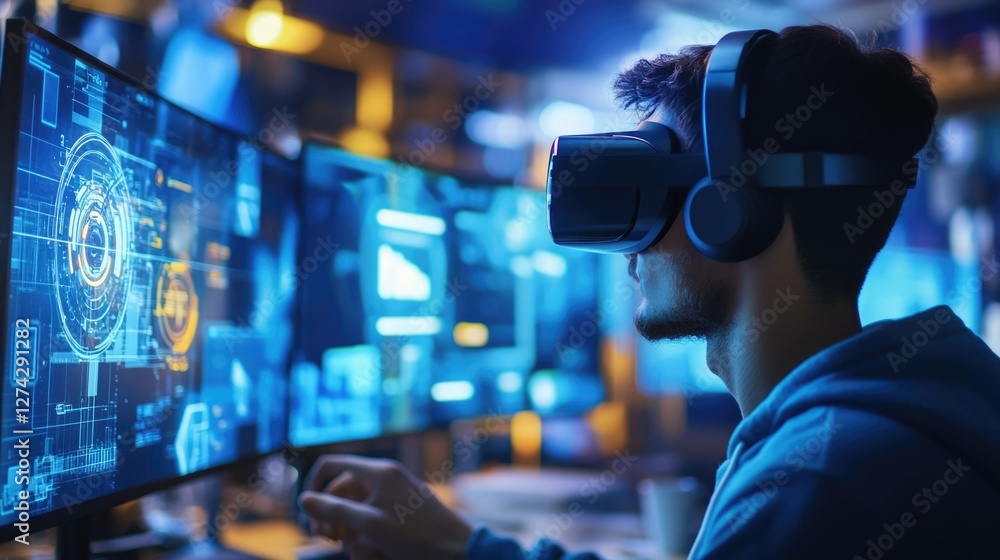 Man in VR Headset Uses Computer with Blue Interface Man in VR Headset Uses Computer with Blue Interface