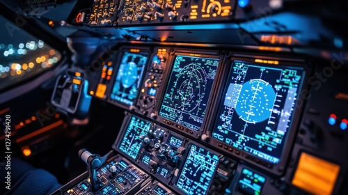 Cockpit of a modern aircraft illuminated at night, displaying advanced navigation screens and controls photo