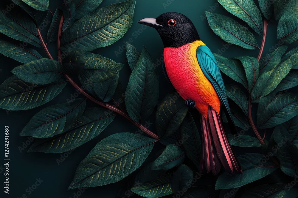 Fototapeta premium A vibrant, colorful bird perched on lush green leaves, showcasing striking hues of red, yellow, and blue against a dark background.