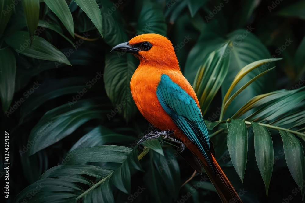 Fototapeta premium A vibrant orange bird with turquoise accents perches among lush green foliage, showcasing its striking colors and natural habitat.