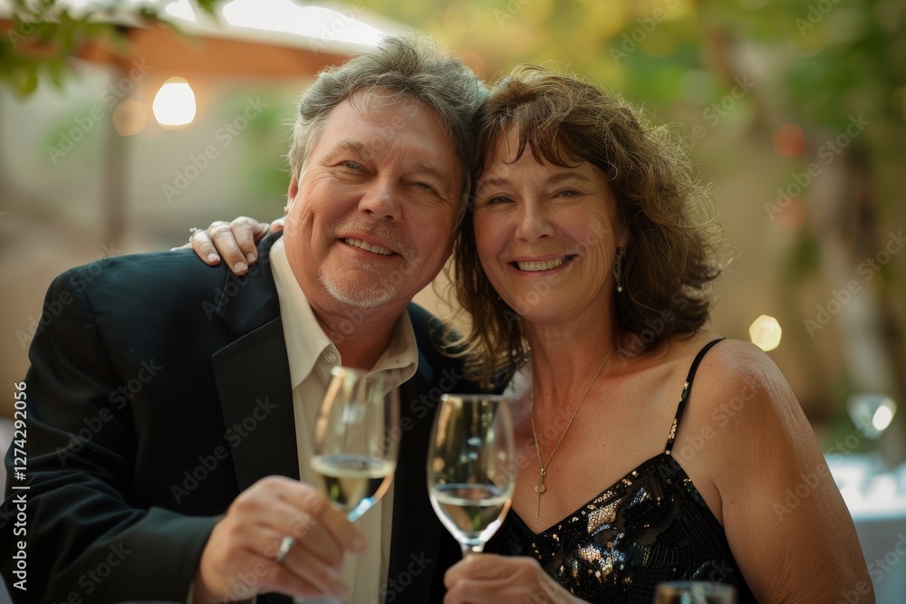 Portrait of a merry caucasian couple in their 40s celebrating anniversary Portrait of a merry caucasian couple in their 40s celebrating anniversary