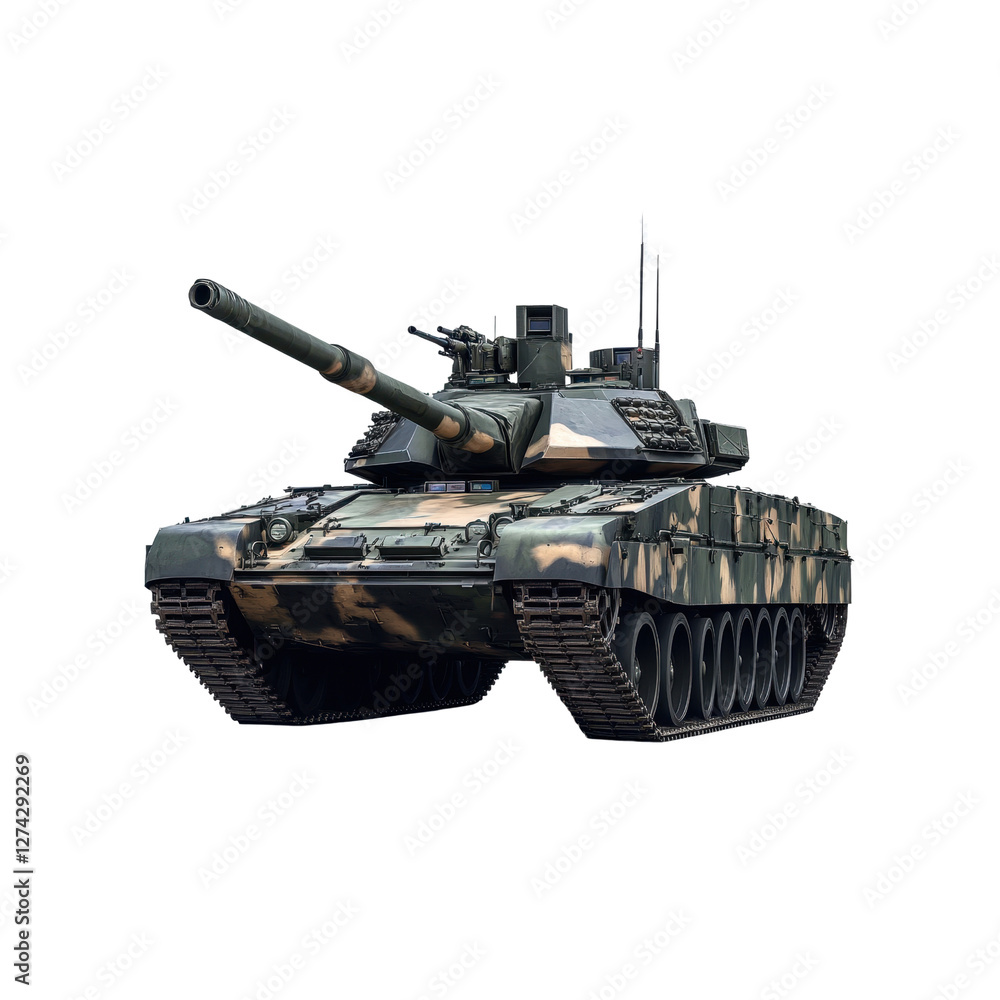 Modern military tank in camouflage, isolated on transparent background. Armored combat vehicle designed for heavy armored fighting and transportation Modern military tank in camouflage, isolated on transparent background. Armored combat vehicle designed for heavy armored fighting and transportation