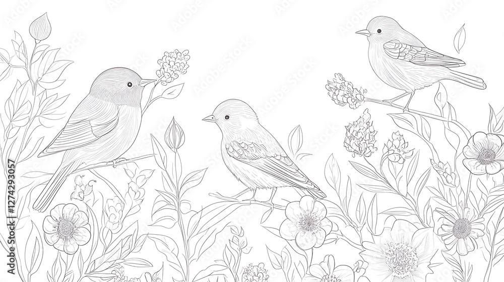 Fototapeta premium Three birds in a serene mood sitting among flowers and plants in sketch style on a white background