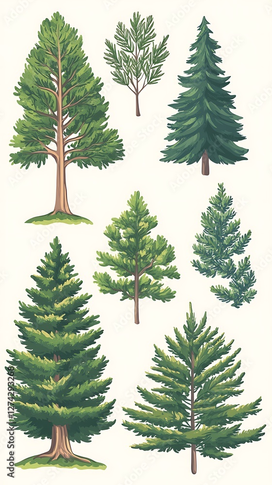 Fototapeta premium Evergreen trees, forest, nature, illustration, design