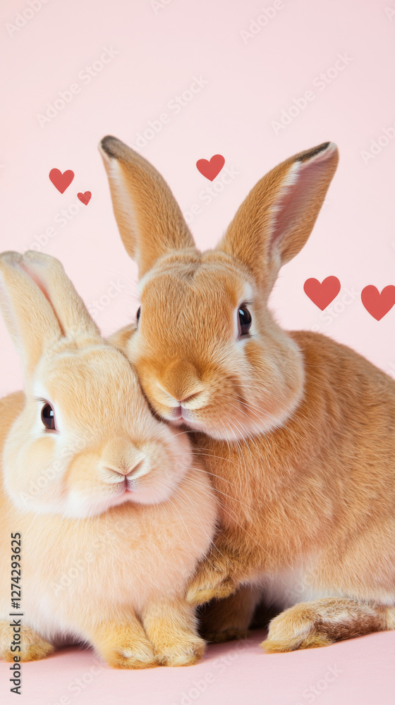 Obraz premium Two cute rabbits with hearts on pink background, St Valentines Day or Easter postcard