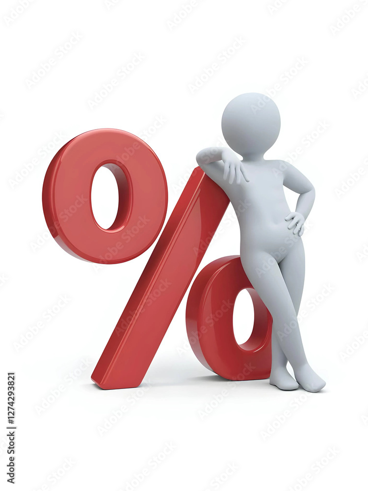 A 3Drendered image shows a grey figure casually leaning against a large red percentage symbol, suggesting discounts, sales, or financial deals. A 3Drendered image shows a grey figure casually leaning against a large red percentage symbol, suggesting discounts, sales, or financial deals.