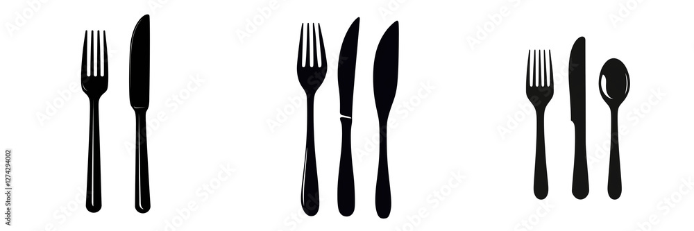 Set of a silhouette of a knife and fork, isolated on a transparent background. Set of a silhouette of a knife and fork, isolated on a transparent background.