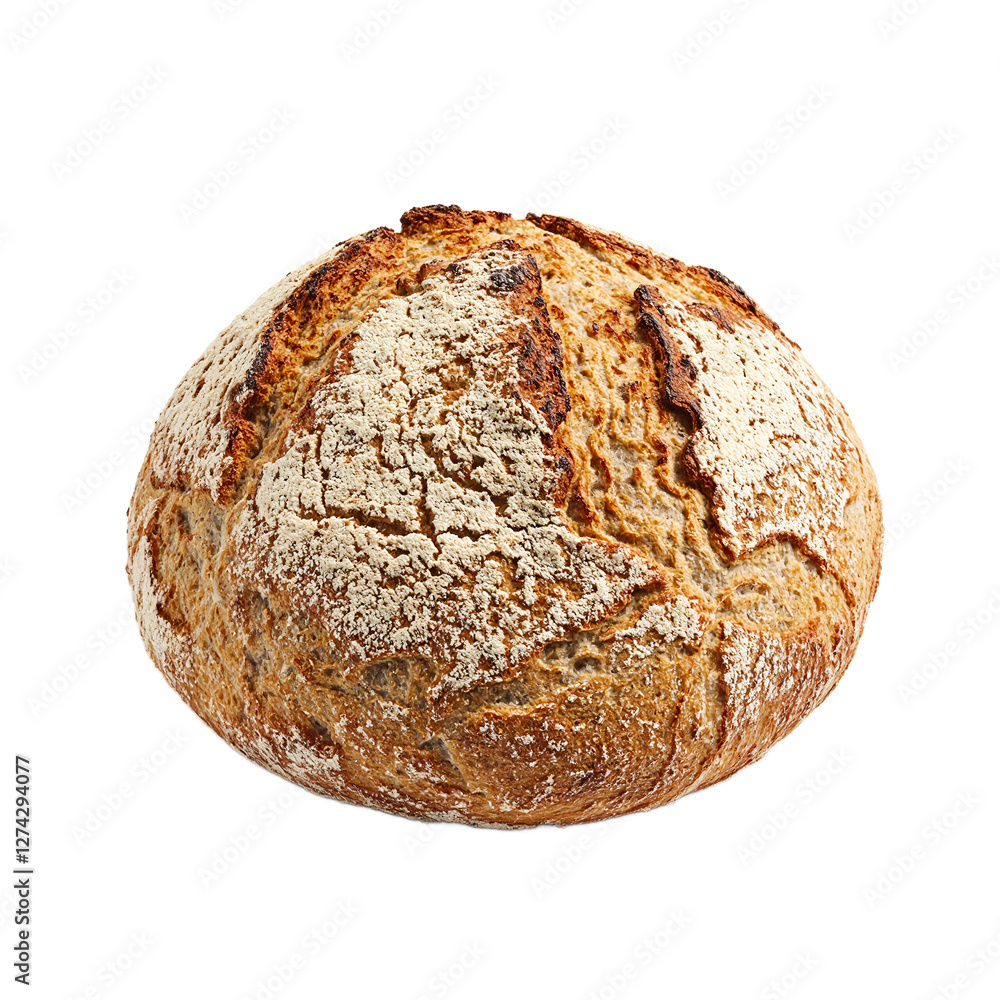 Rustic soda bread loaf with cracked crust and flour dusting on white background Rustic soda bread loaf with cracked crust and flour dusting on white background