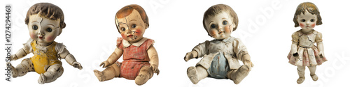 Set of a vintage antique baby doll with a cracked face and torn clothes, isolated on a transparent background.