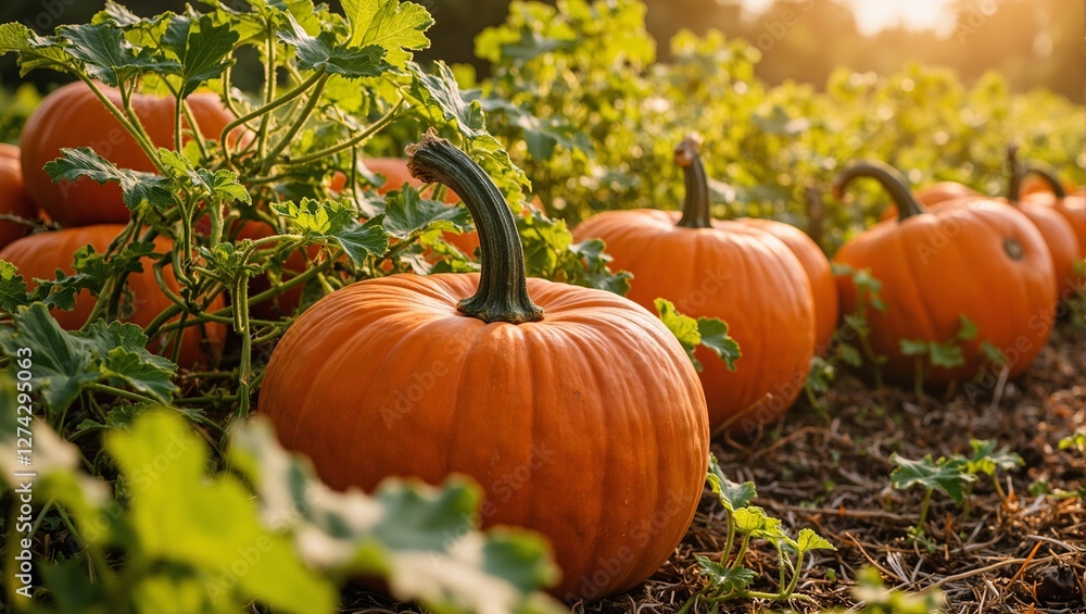 Vibrant orange pumpkins on ground in sunlight surrounded by green vines and leaves Vibrant orange pumpkins on ground in sunlight surrounded by green vines and leaves