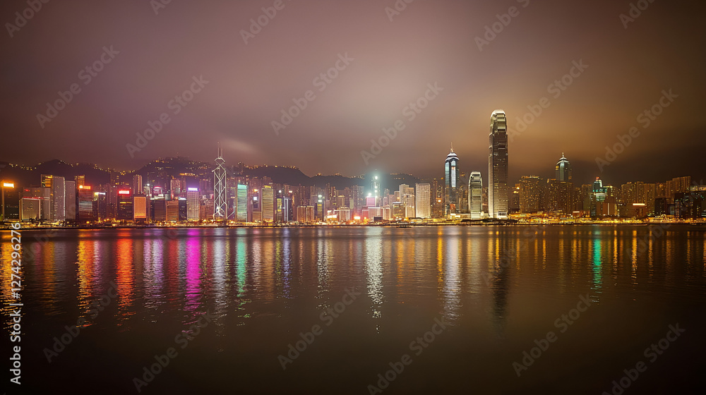 Fototapeta premium Hong Kong skyline at night with bright city lights reflecting on water