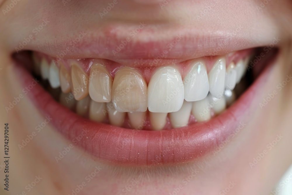 Fototapeta premium Teeth before and after whitening. Dental care concept. Neural network ai generated