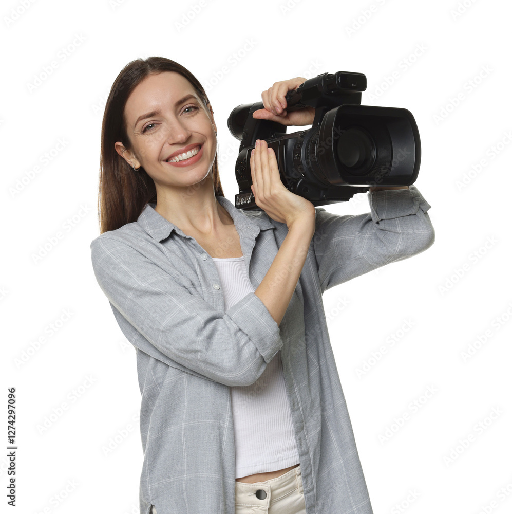 Happy woman with professional video camera on white background Happy woman with professional video camera on white background