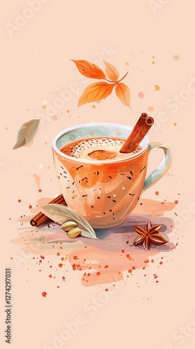 A steaming cup of spiced masala tea with cinnamon sticks and cardamom pods, vertical, illustration