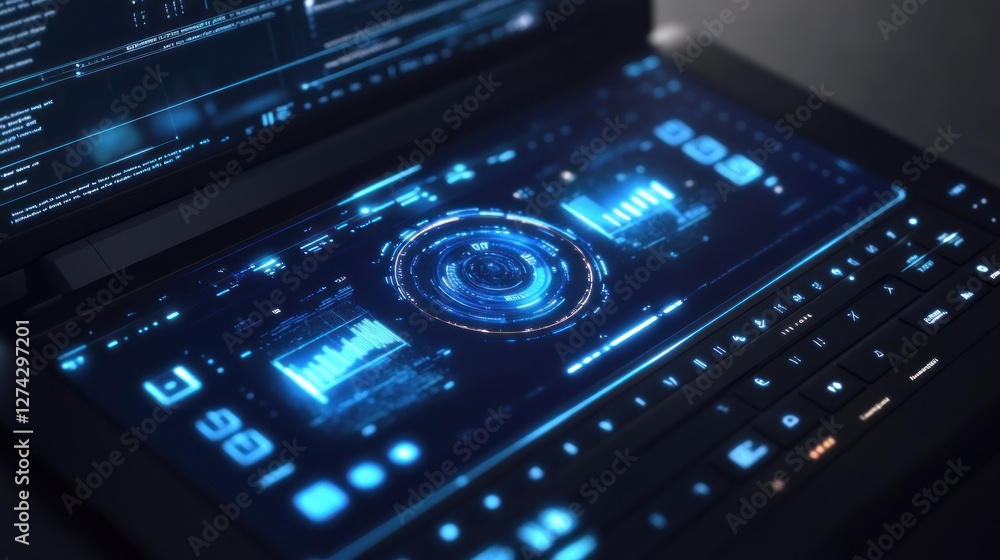 Futuristic laptop with holographic interface displaying data. Futuristic laptop with holographic interface displaying data.