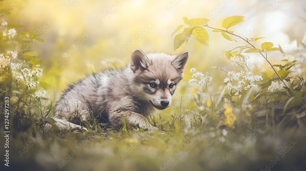 Obraz premium Adorable fox cub resting among blooming wildflowers in a sunny meadow 