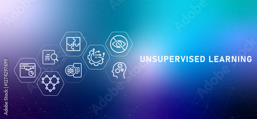 Unsupervised learning gradient header cognitive thinking machine smart technology automation self learning programming algorithm analysis AI artificial learning icon design illustration