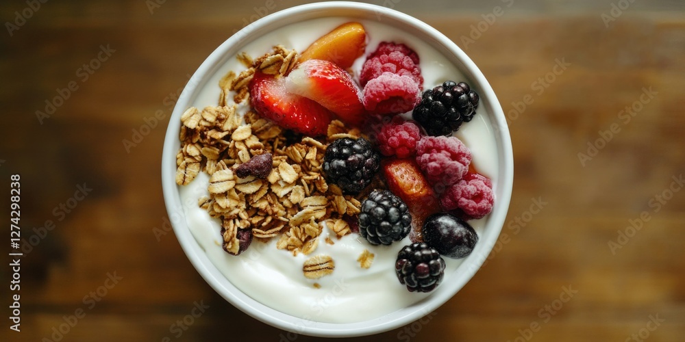 A bowl of fruit and granola with yogurt. A bowl of fruit and granola with yogurt.