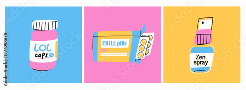 Various Medicine set. Pills, drugs, capsules, blister, spray, vitamins. Pharmacy, hospital, health care concept. Hand drawn trendy Vector illustration. Isolated design elements