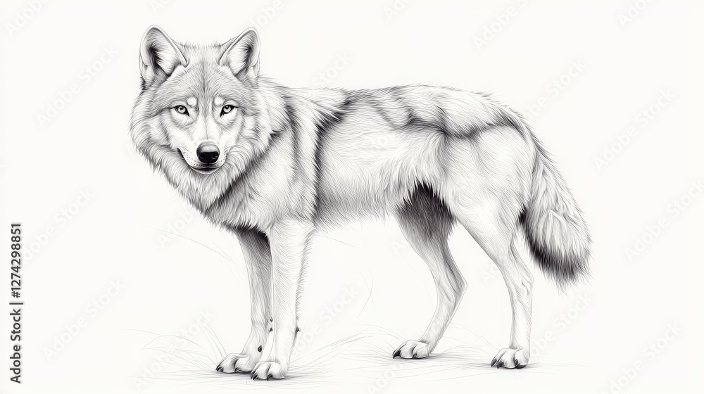 A 3D retro-style wolf icon, meticulously sketched in a vintage hand-drawn aesthetic, high resolution, professional quality.