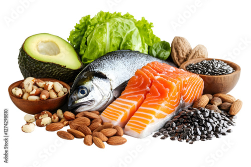 pile set of food rich in all types of omega 3 fats Isolated on white background.
