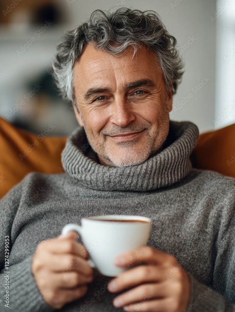 Mature man enjoying a warm cup of coffee indoors, smiling and exuding contentment. Mature man enjoying a warm cup of coffee indoors, smiling and exuding contentment.