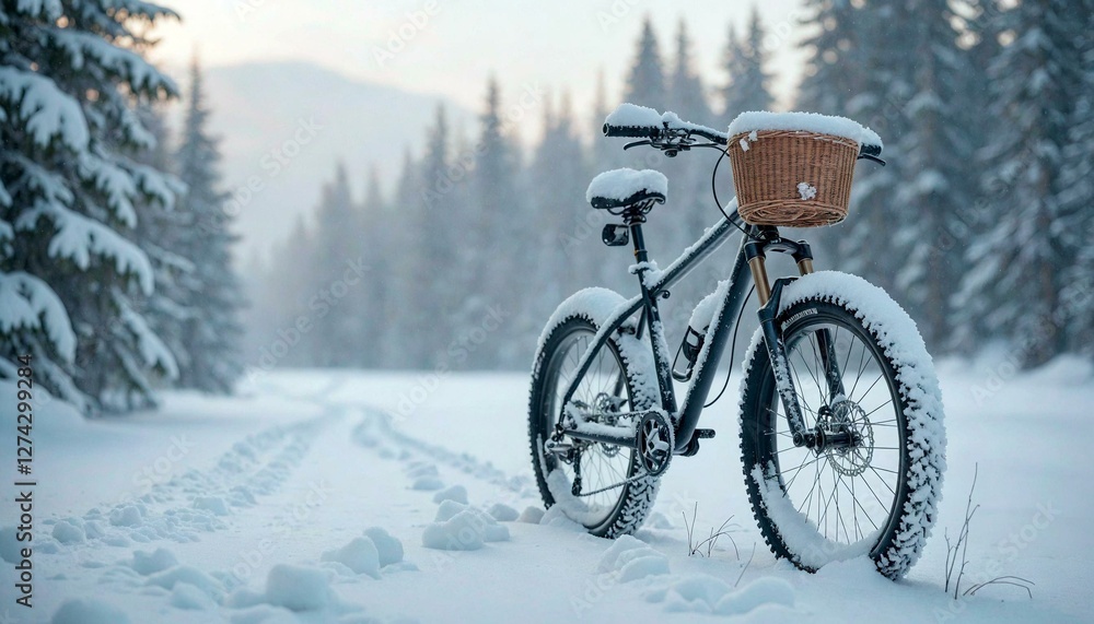 Bicycle with Wicker Basket in Snowy Forest Bicycle with Wicker Basket in Snowy Forest