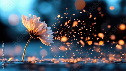 Delicate flower standing alone amid sparkling particles at twilight showcasing natural beauty and serenity