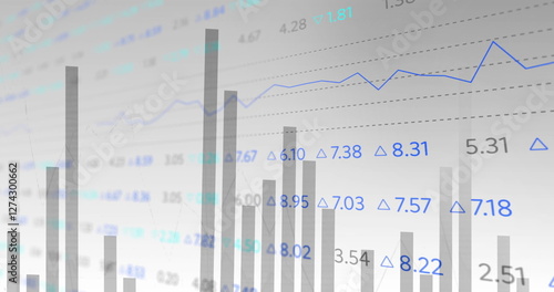 Bar and line charts with financial data image over stock market numbers
