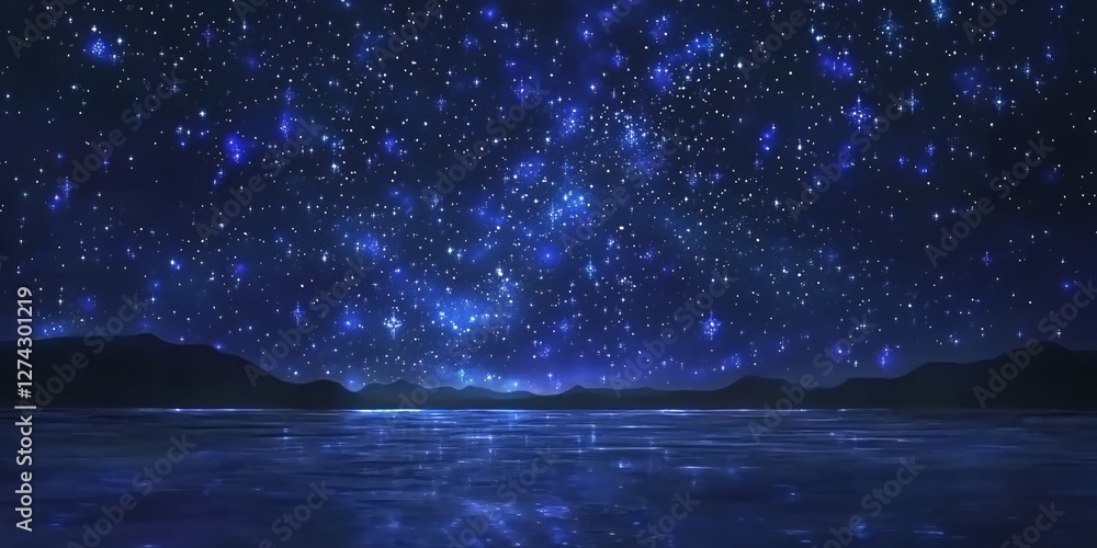 Serene Night Sky over Calm Lake and Mountains Starry Night Peaceful Nature Scene Serene Night Sky over Calm Lake and Mountains Starry Night Peaceful Nature Scene