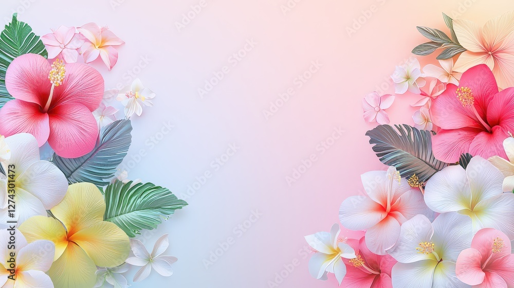 Naklejka premium A high-quality 3D Hawaiian-themed banner with bright floral arrangements, tiki-inspired details, and a smooth, minimalistic gradient effect.