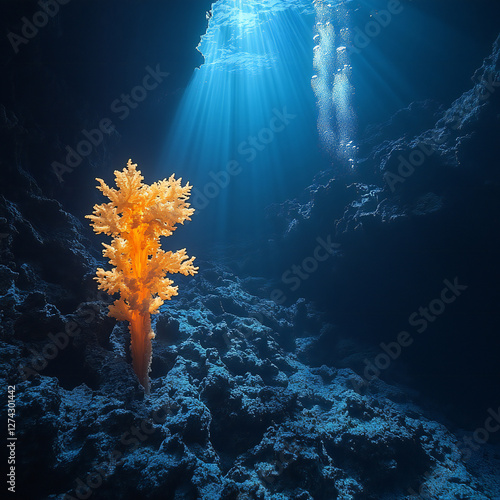 A deep-sea hydrothermal vent with unique marine creatures, glowing in the darkness of the ocean floor