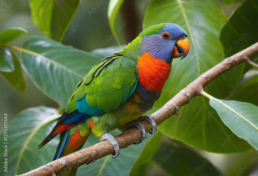 Obraz premium Colorful parrot with green leaves
