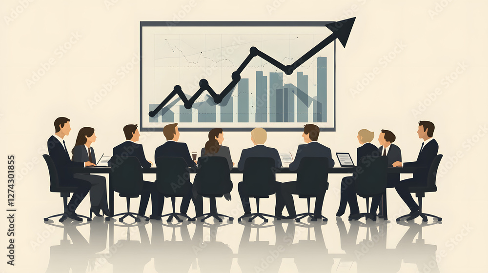 Fototapeta premium A flat vector illustration of business people sitting around a table with laptops and papers 