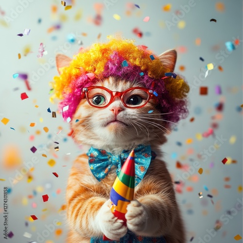 Adorable Cat with Colorful Hat and Glasses Celebrating a Festive Moment Surrounded by Colorful Confetti and Party Accessories for Joyful Occasions