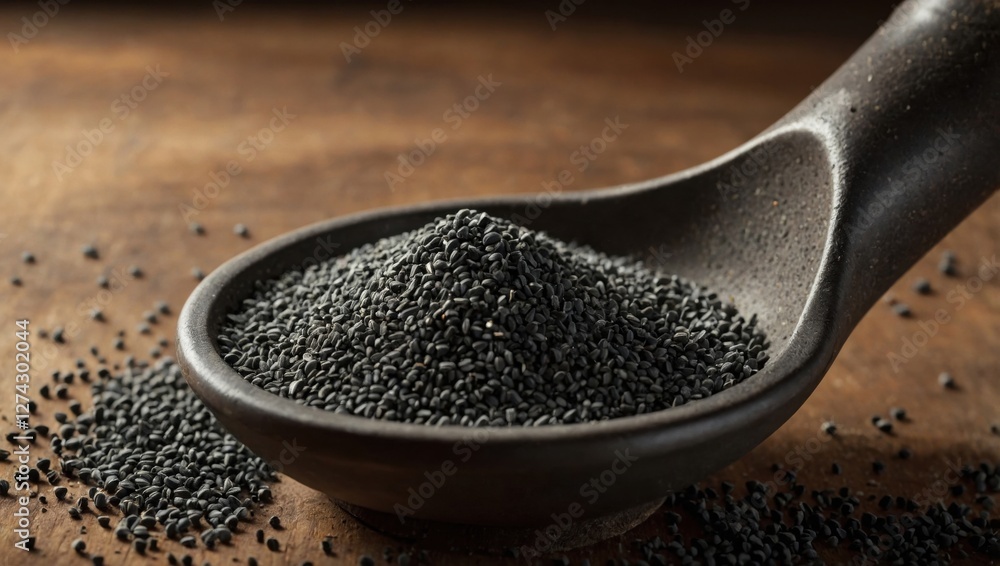 Dark seeds in a mortar on the table Dark seeds in a mortar on the table