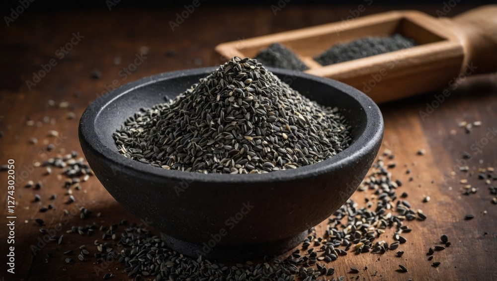 Dark seeds in a mortar on the table Dark seeds in a mortar on the table
